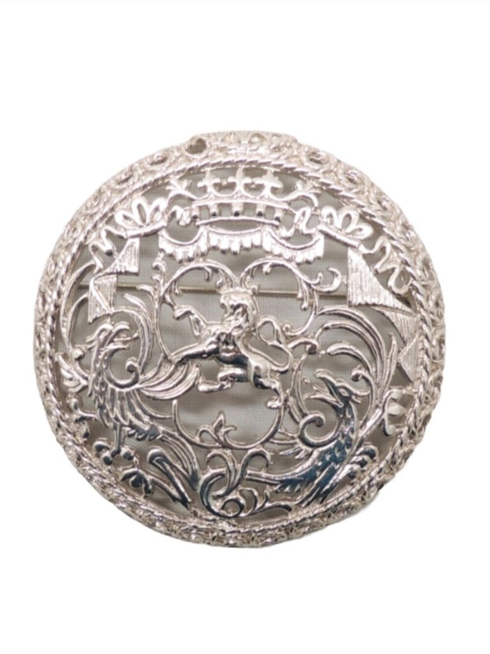 Vintage Signed Napier Round Rhodium Plated Openwork Coat of Arms Brooch